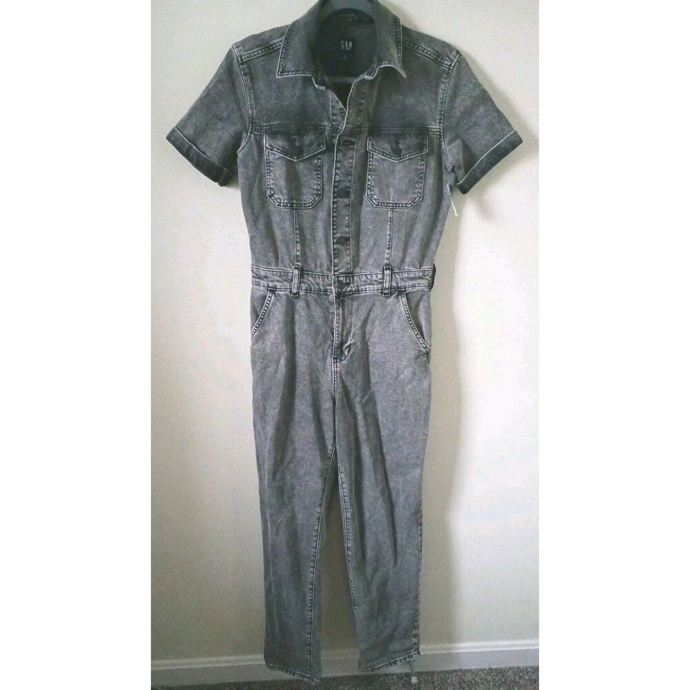 Gap Denim Utility Jumpsuit Women 0 Gray Short Sleeve Straight Leg NWT